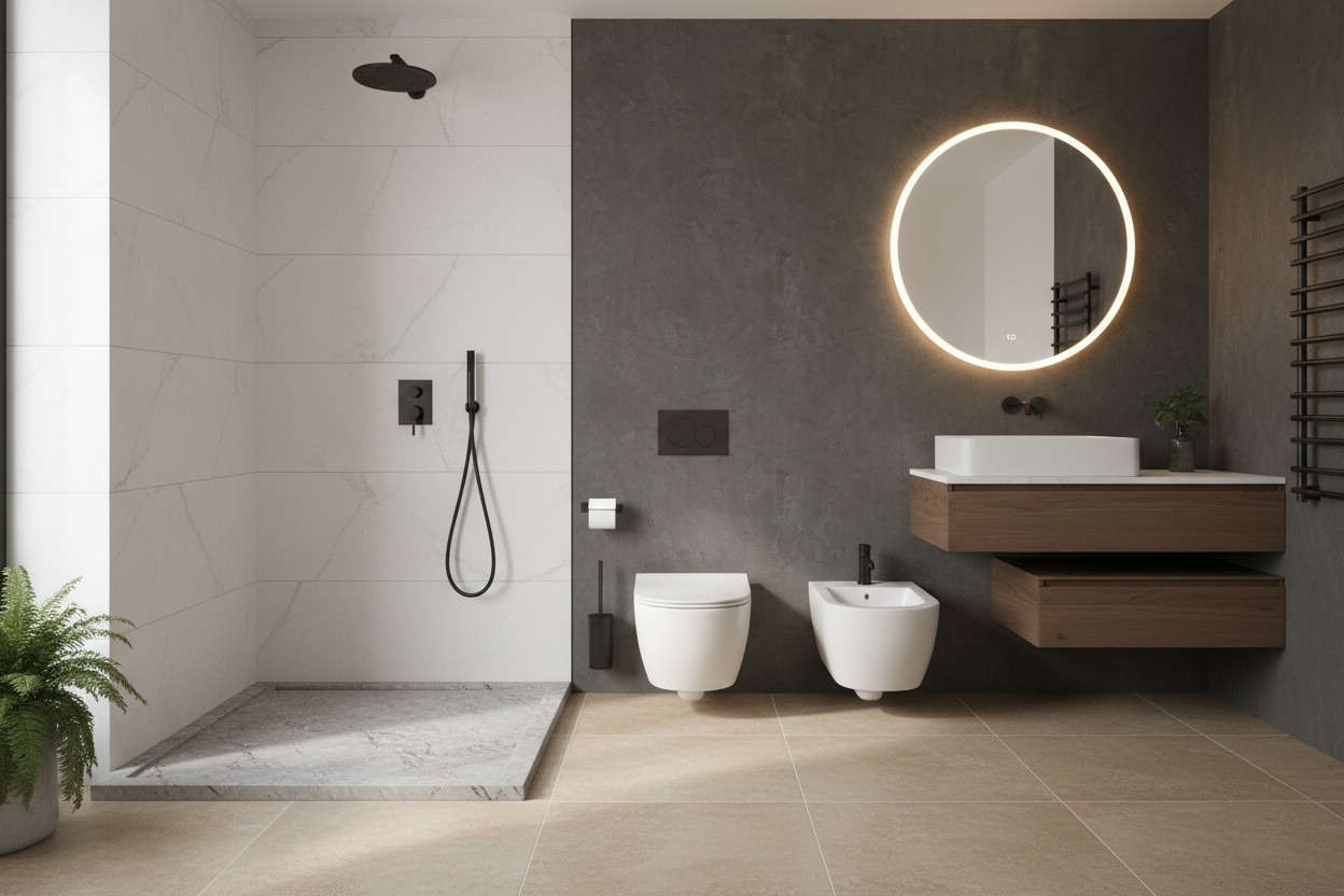 Bagno moderno con doccia a filo pavimento, sanitari sospesi bianchi e mobile lavabo in legno.
